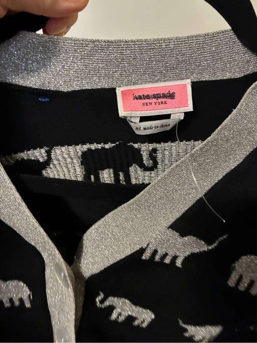NWOT Kate spade Women's Black Cardigan Sweater w/  Silver Elephant Pattern x s